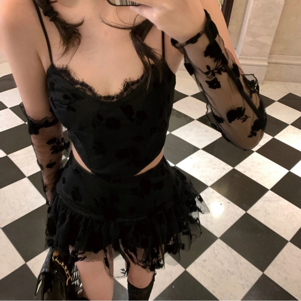 Kfashion Jennie Style Black Lace V Neck Crop Top Mini Dress 3-piece Set